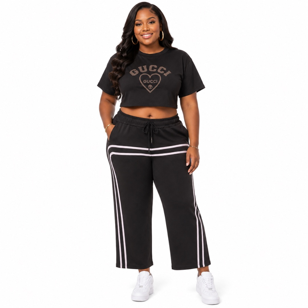 Two Piece Black Cropped Top and Wide Leg Pants Outfit